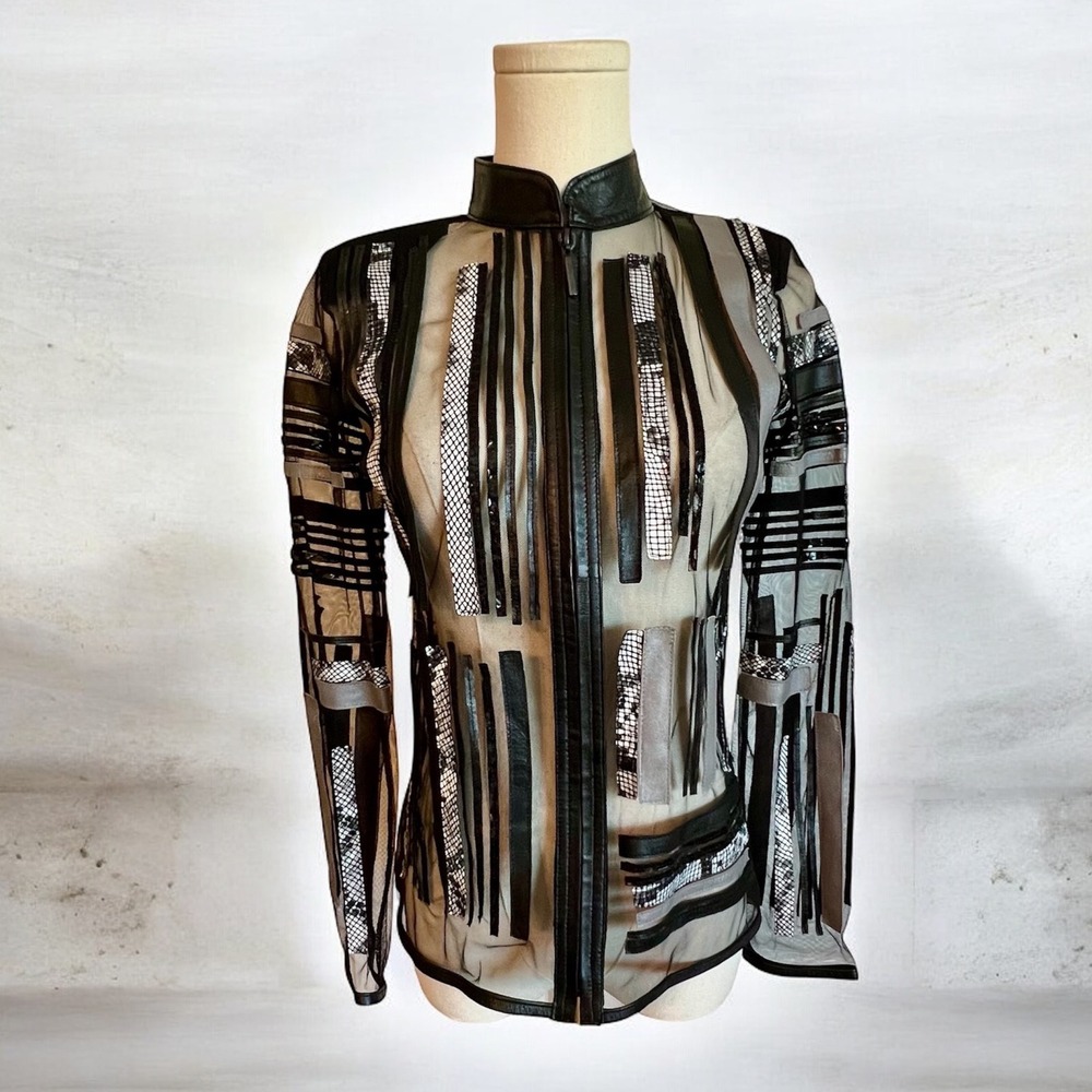 Belgin Francis Sheer‎ Mesh Leather Patchwork Jacket Mock Neck Snakeskin Accent